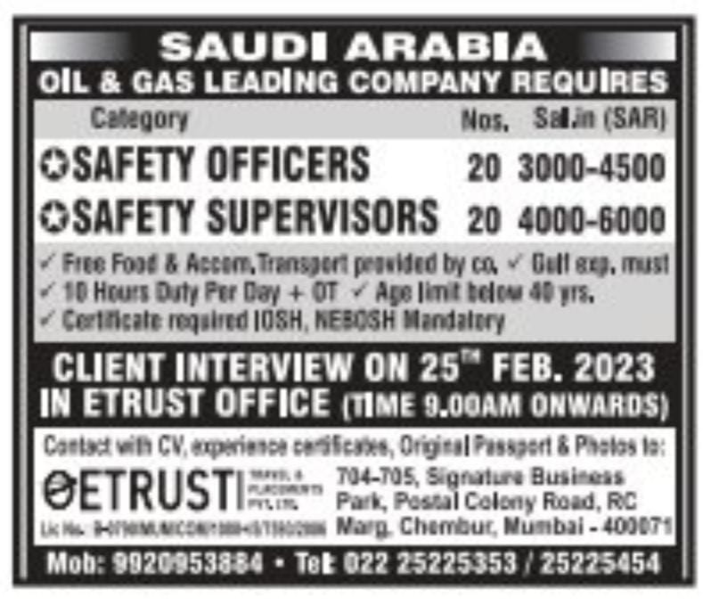 Saudi Arabia Safety Officers / Safety Supervisors Job vacancies