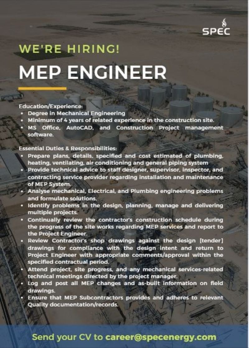 KSA MEP Engineer Job vacancy SaudiGulf Jobs